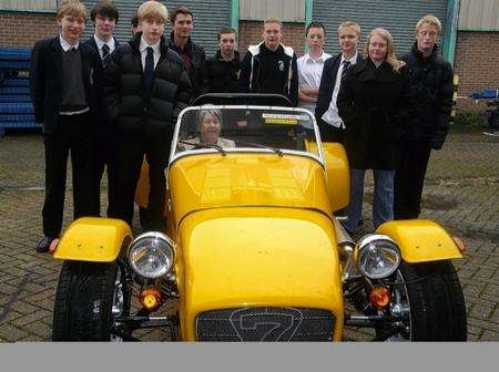 Deputy Mayor of Swale Cllr Sue Gent and the pupils who built the Caterham 7