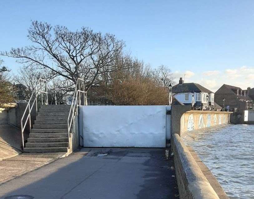 Exceptionally high tide and flood barrier at Queenborough on the Isle of Sheppey. Picture: Richard Murr