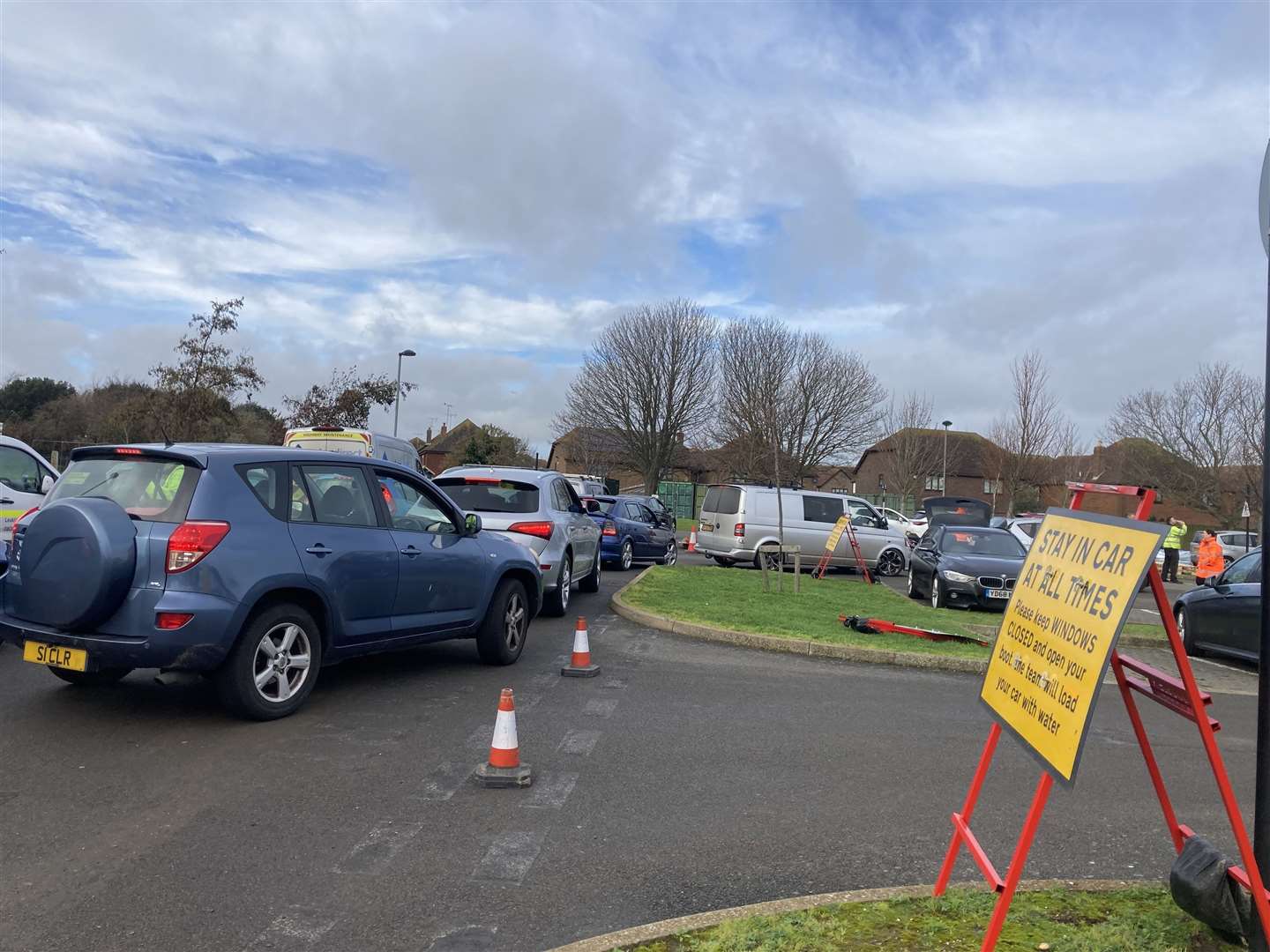 Motorists queuing for bottled water at Dane Court Grammar School in Broadstairs