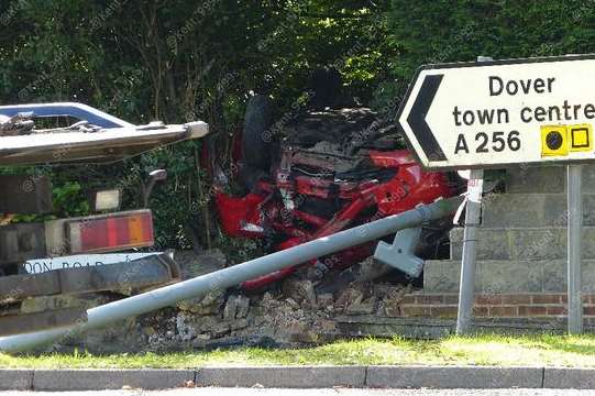 Scene of crash in Whitfield Hill that left an elderly man fighting for his life. Picture: @Kent_999s