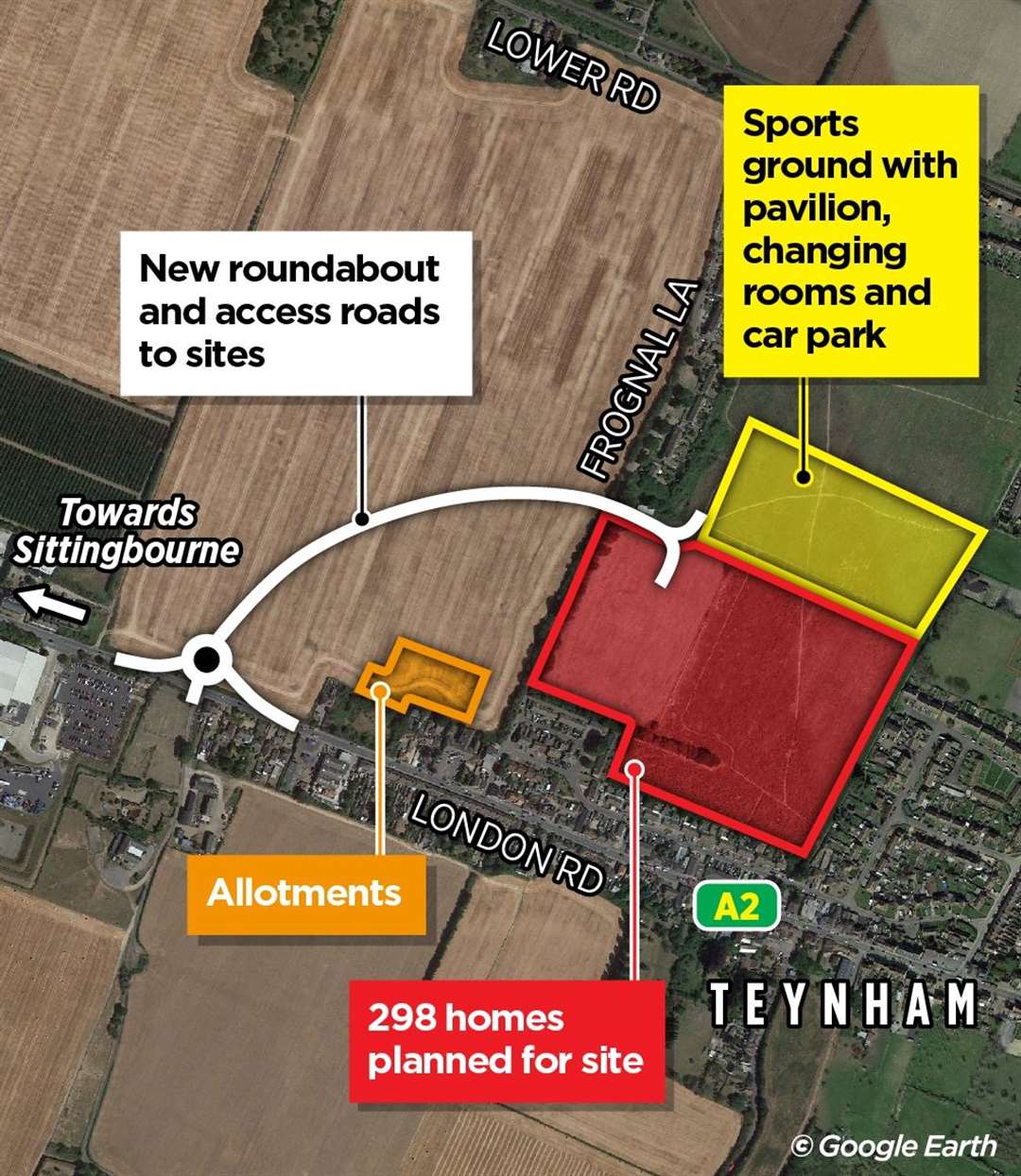 The new roundabout on London Road, Teynham will connect the access road from the Frognal Lane development to the A2