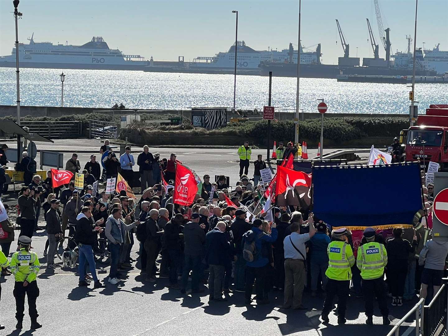 Protesters in Dover had signs and banners reading "save P&O jobs" after 800 people were made redundant last Thursday