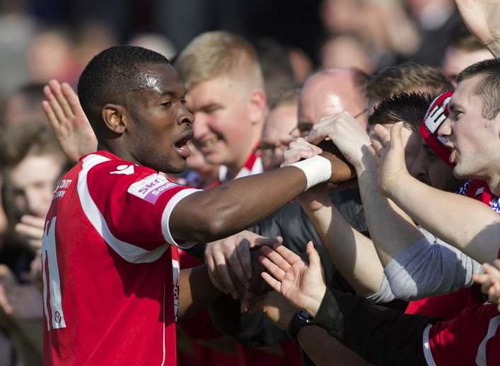 Anthony Cook celebrates with the Fleet fans during his first spell at the club Picture: Andy Payton
