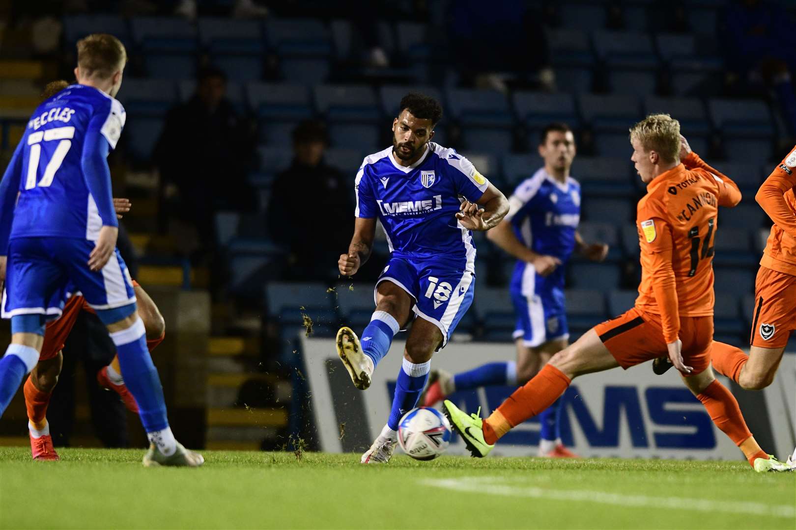 Jacob Mellis in action for Gillingham against Portsmouth in his last game before injury ruled him out Picture: Barry Goodwin