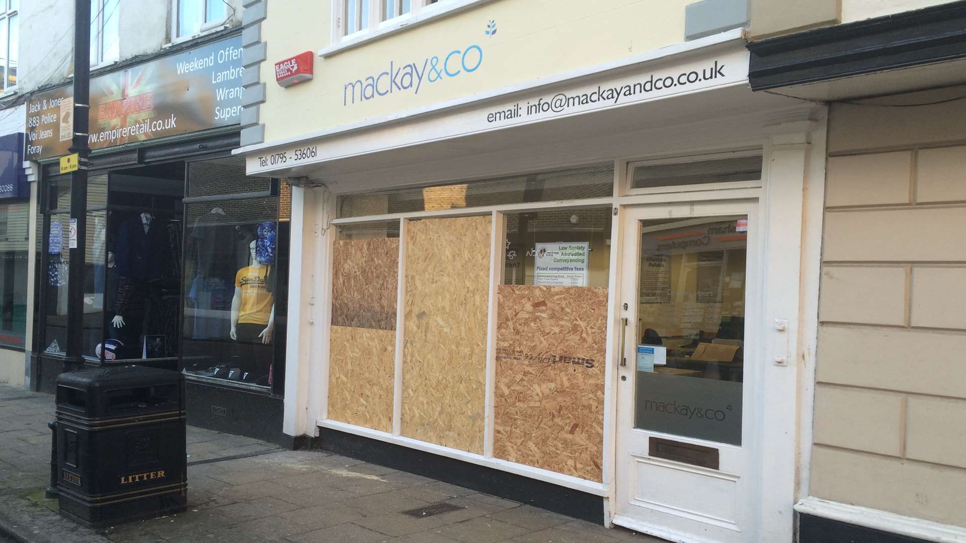 The Mackay & Co solicitors had its windows smashed.