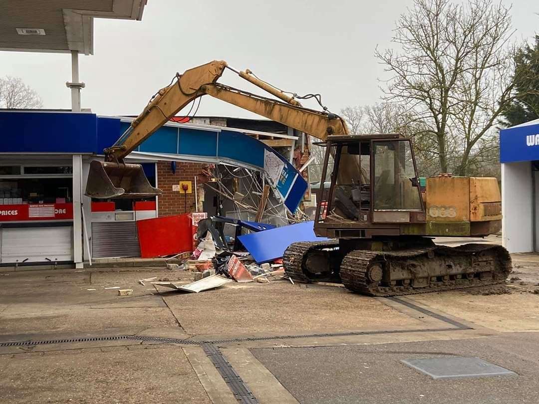 The damage caused to the Esso garage in Staplehurst, after a JCB was used to rip away the cash machine