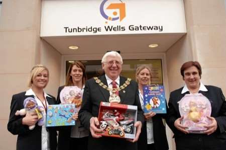 Cllr Mike Rusbridge, Mayor of Tunbridge Wells, launches his Christmas toy appeal with staff at the new Tunbridge Wells Gateway. Picture: David Antony Hunt
