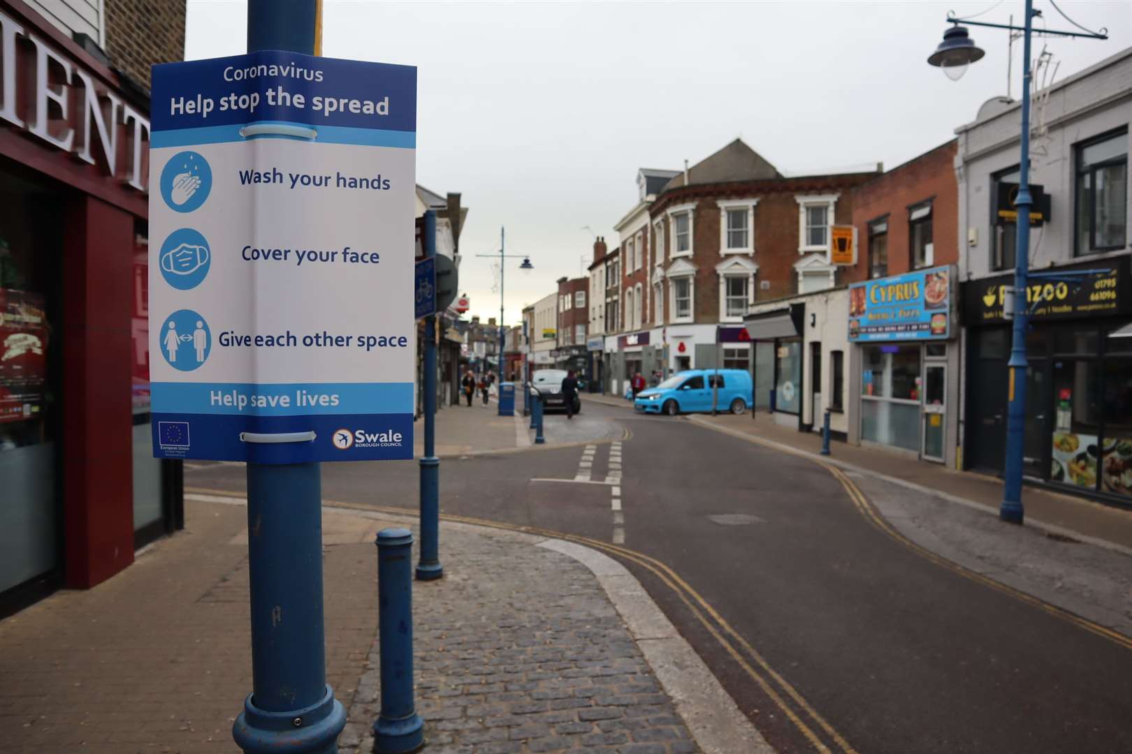 A coronavirus warning in Sheerness High Street, which is in Swale - one the worst-hit parts of the county
