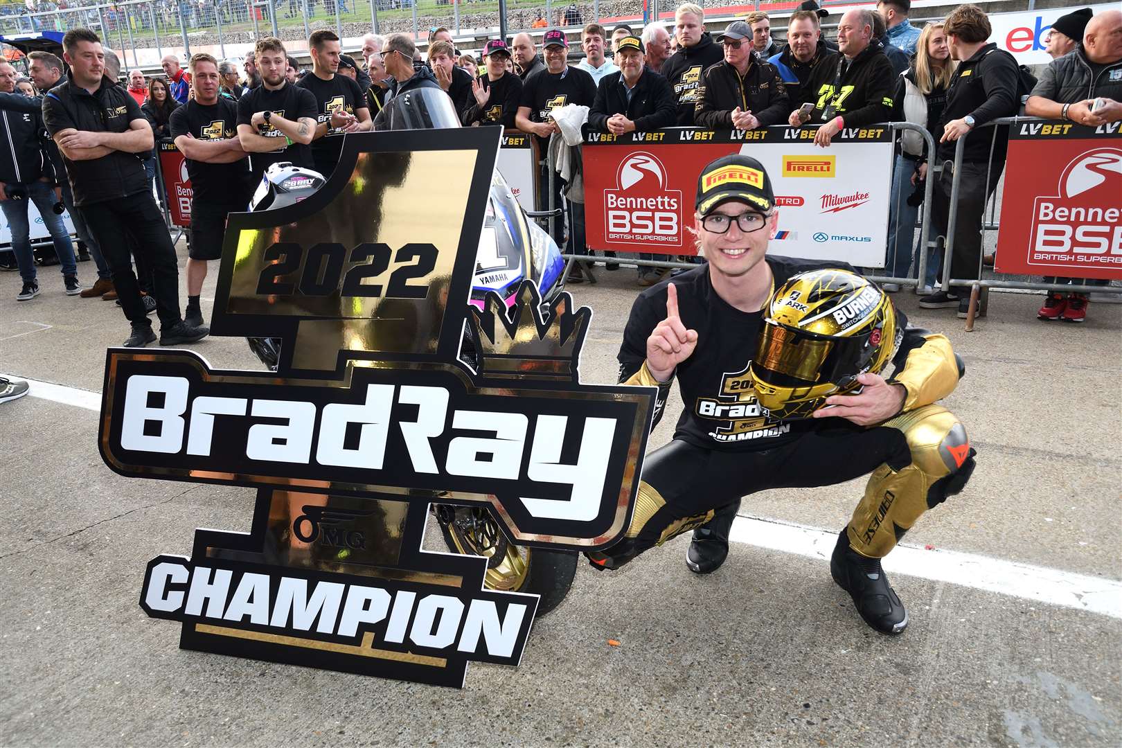 Lydd’s Bradley Ray celebrates his BSB title success at Brands Hatch. Picture: Simon Hildrew