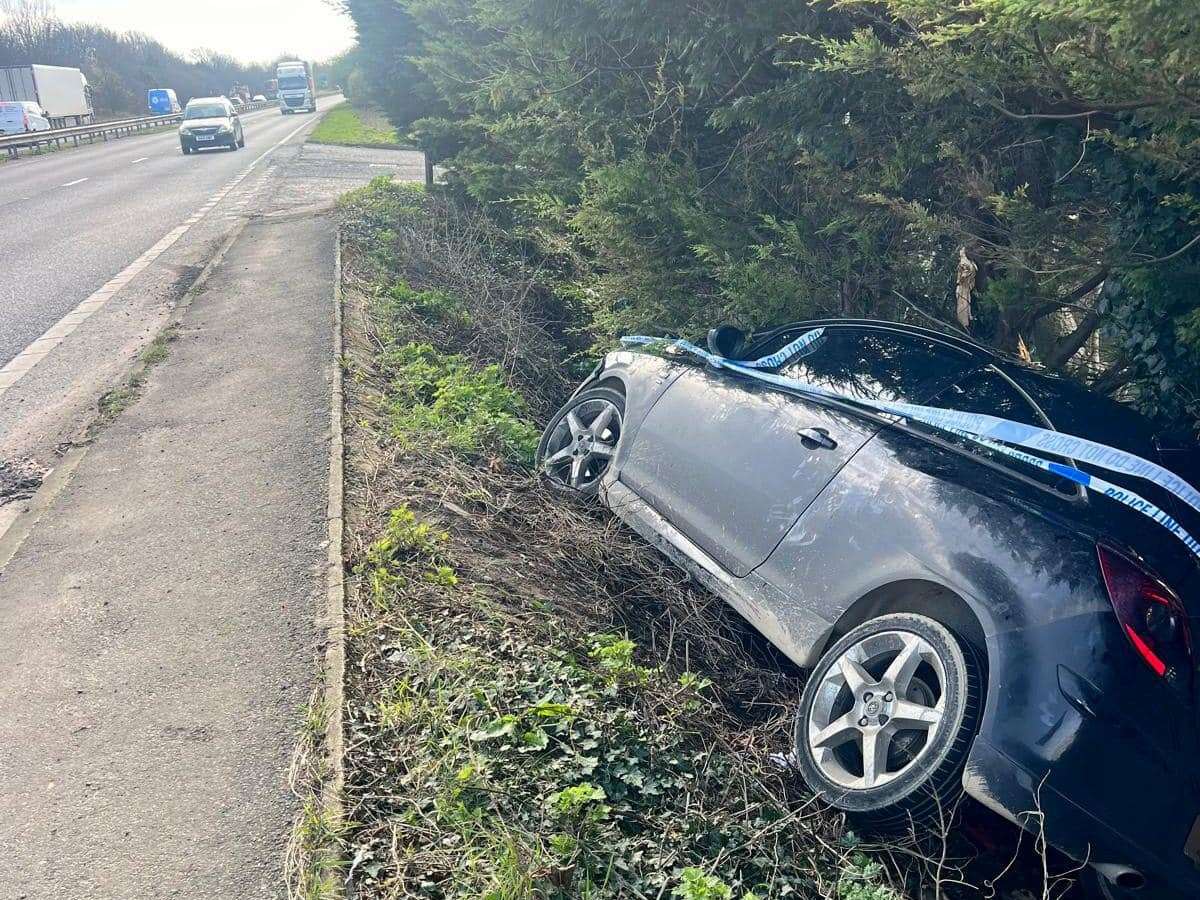 A car recently ended up in a ditch close to the junction at Out Elmstead Lane, Barham. Picture: Lynda Flanagan
