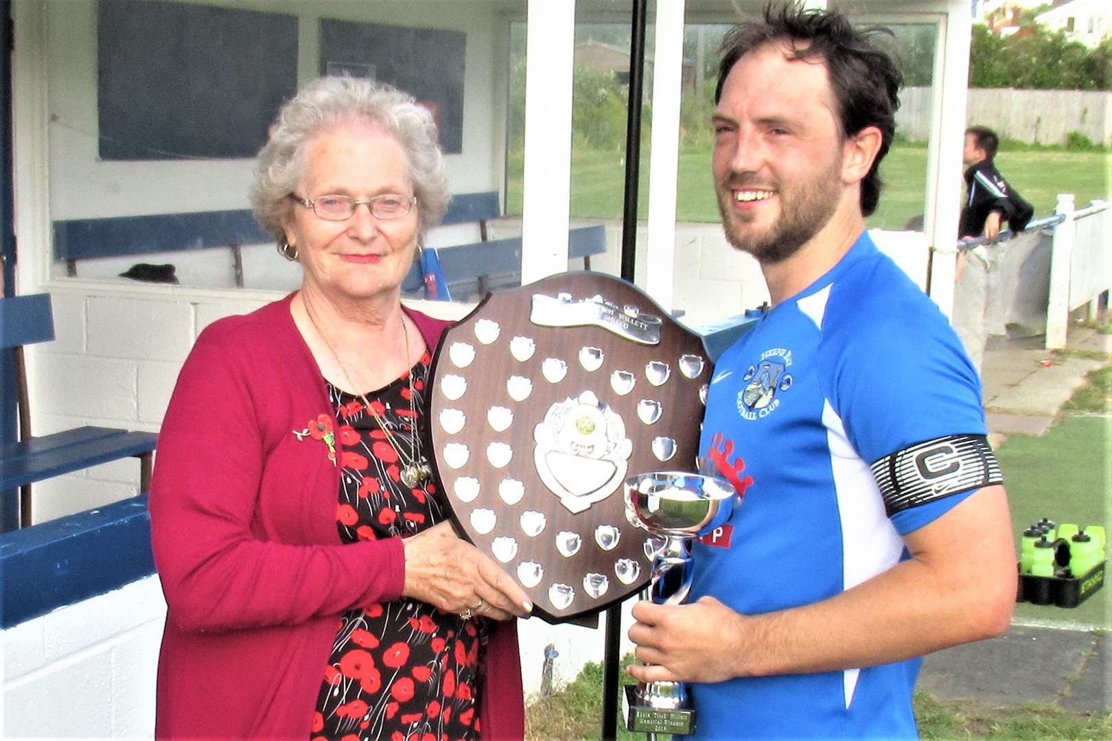 Herne Bay skipper Dan Lawrence is presented with the Titch Willett Trophy