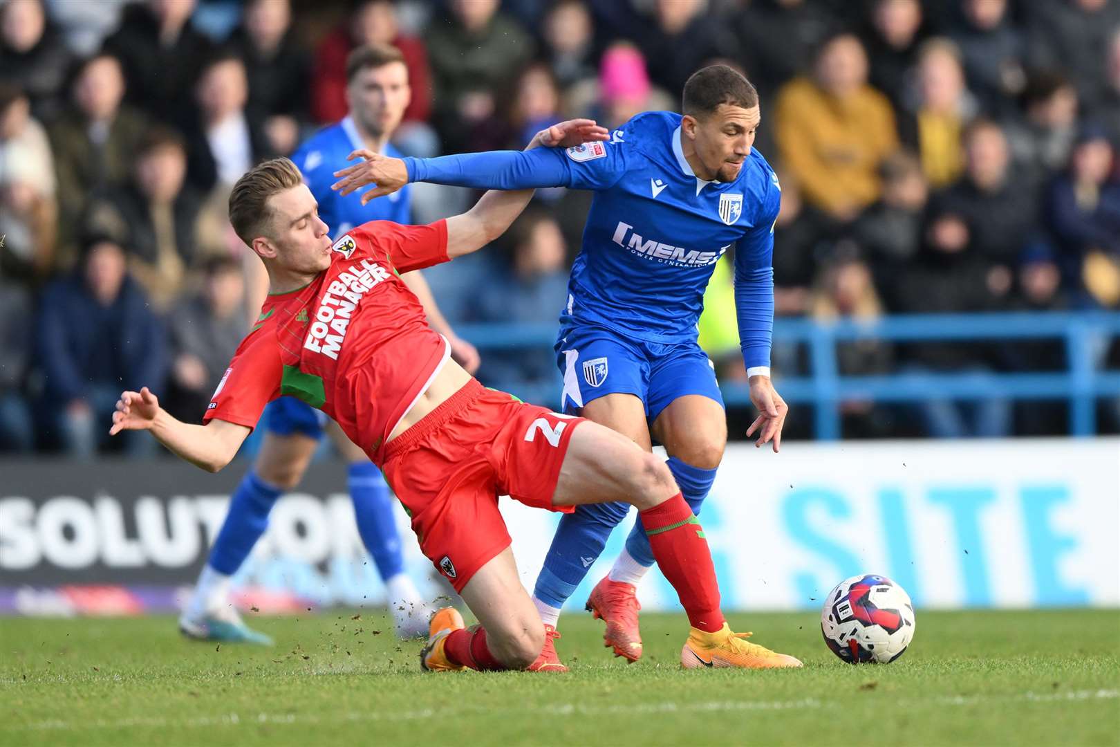 Cheye Alexander challenged for the ball Picture: Keith Gillarddon SkyBet League Two, MEMS Priestfield Stadium, 25 February 2023Picture : Keith Gillard (62650550)