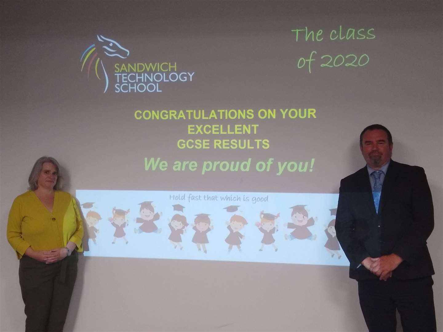 Sandwich Technology School headteacher Tracey Savage and Simon Sharples, deputy headteacher, congratulate GCSE pupils