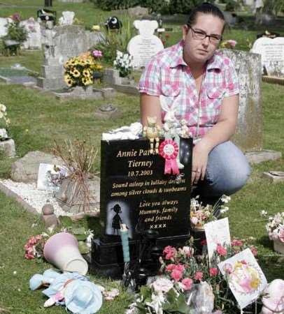 Kelly Tierney beside the grave of her daughter Annie Patricia. Picture: PETER STILL