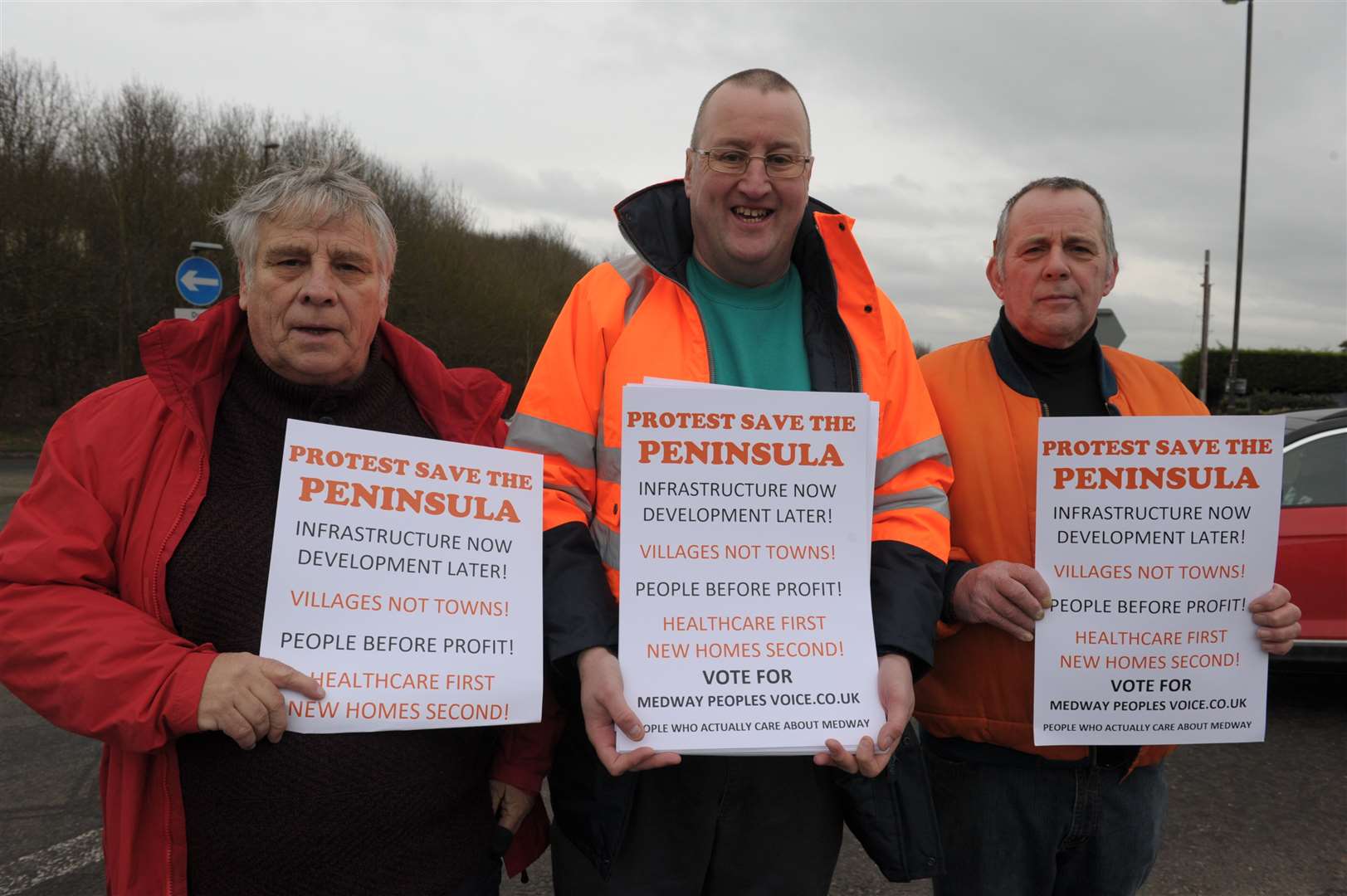 Cllr Mick Pendergast, right, pictured with parish cllr Ron Sands and Chris Spalding, at a protest to save the Hoo peninsula