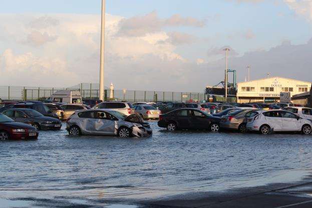 Cars at Dover cruise terminal affected by the storm