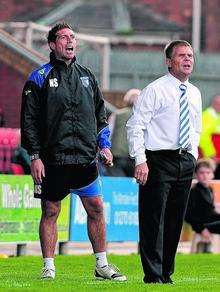 Gillingham manager Andy Hessenthaler and first team coach Nicky Southall on the touchline during Gills 2-1 win at Crewe Alexandra