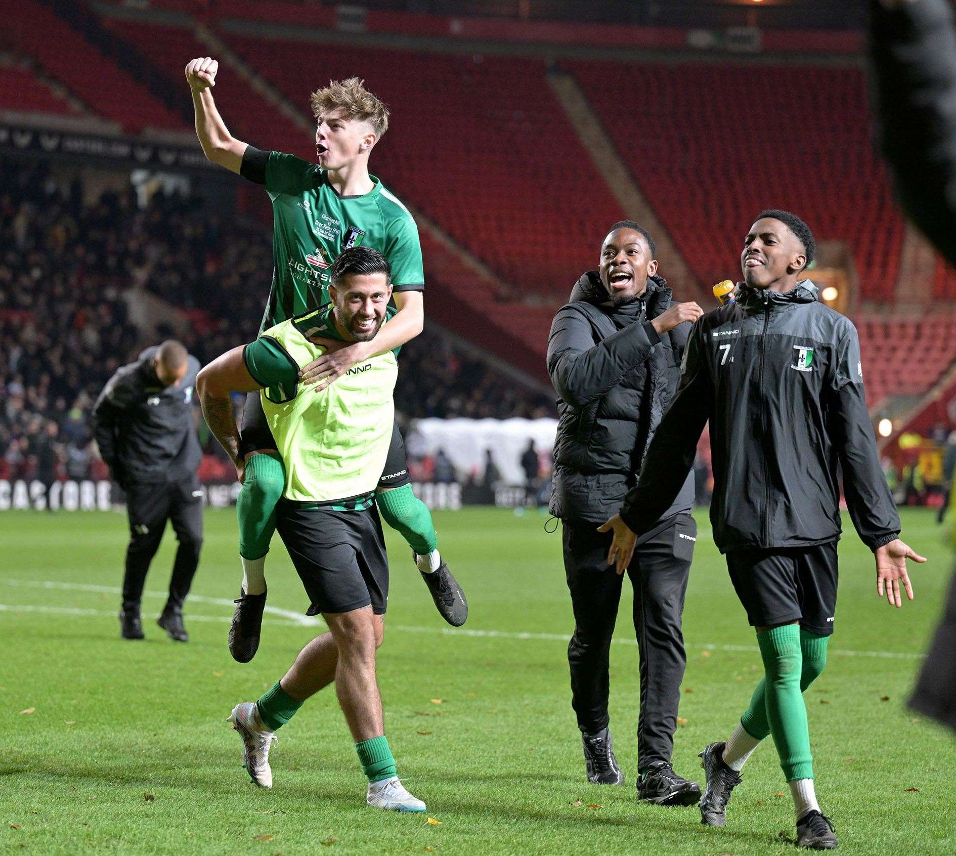 Cray Valley celebrate their magnificent draw at Charlton in the FA Cup First Round. Picture: Keith Gillard