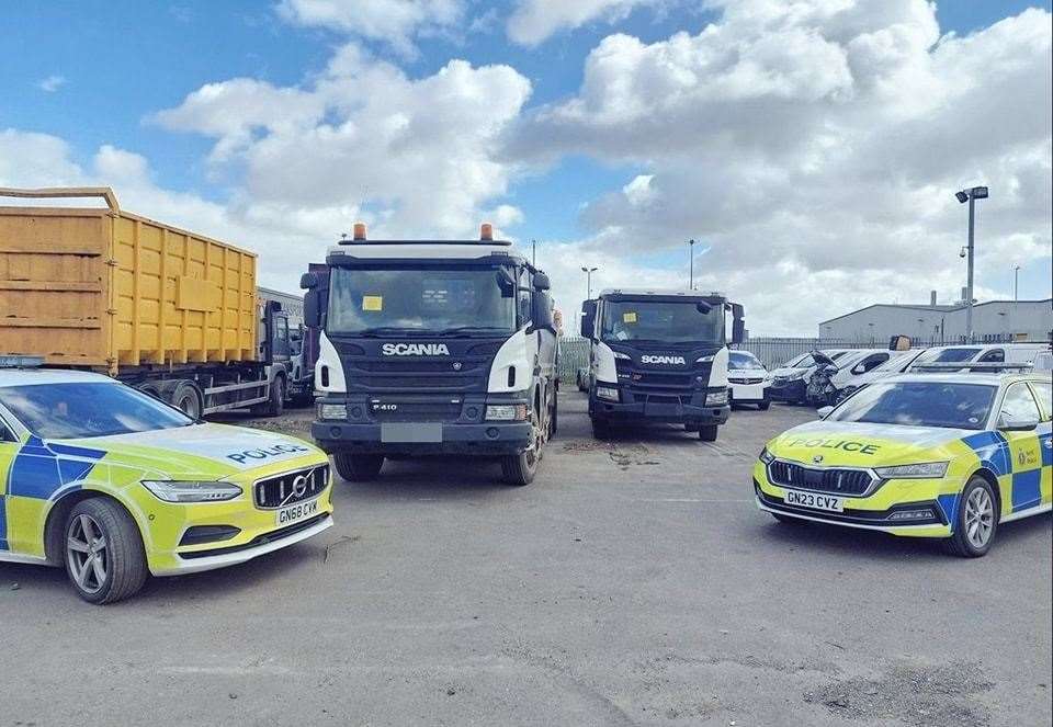 Two Scania tippers were seized after being found with no MOT during a waste tipping operation by police. Picture: UK road traffic police & news