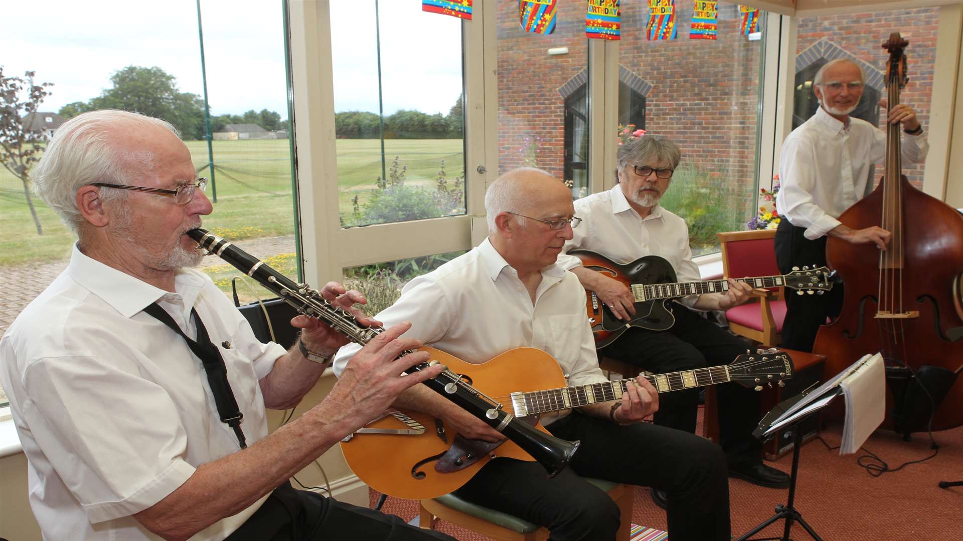 Strings and Things play at Vera Pigott 110th birthday at Sutton Valence Care Home. Picture: John Westhrop.