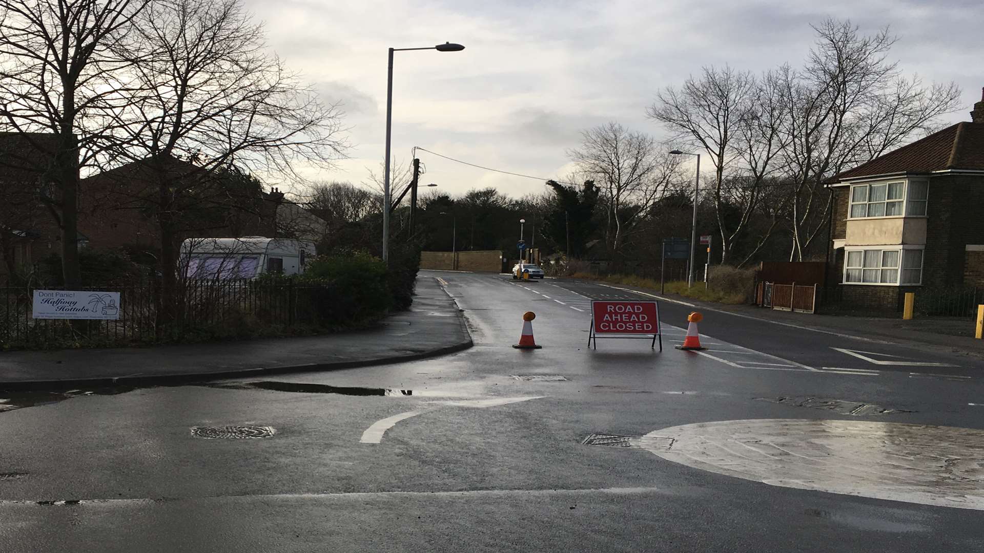 The road closure in place in Halfway Road, at its junction with Power Station Road