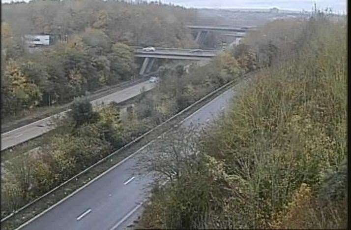 A lane on the M20 London-bound has been closed near Brands Hatch due to an aquaplaned car coming off the road. Picture: National Highways