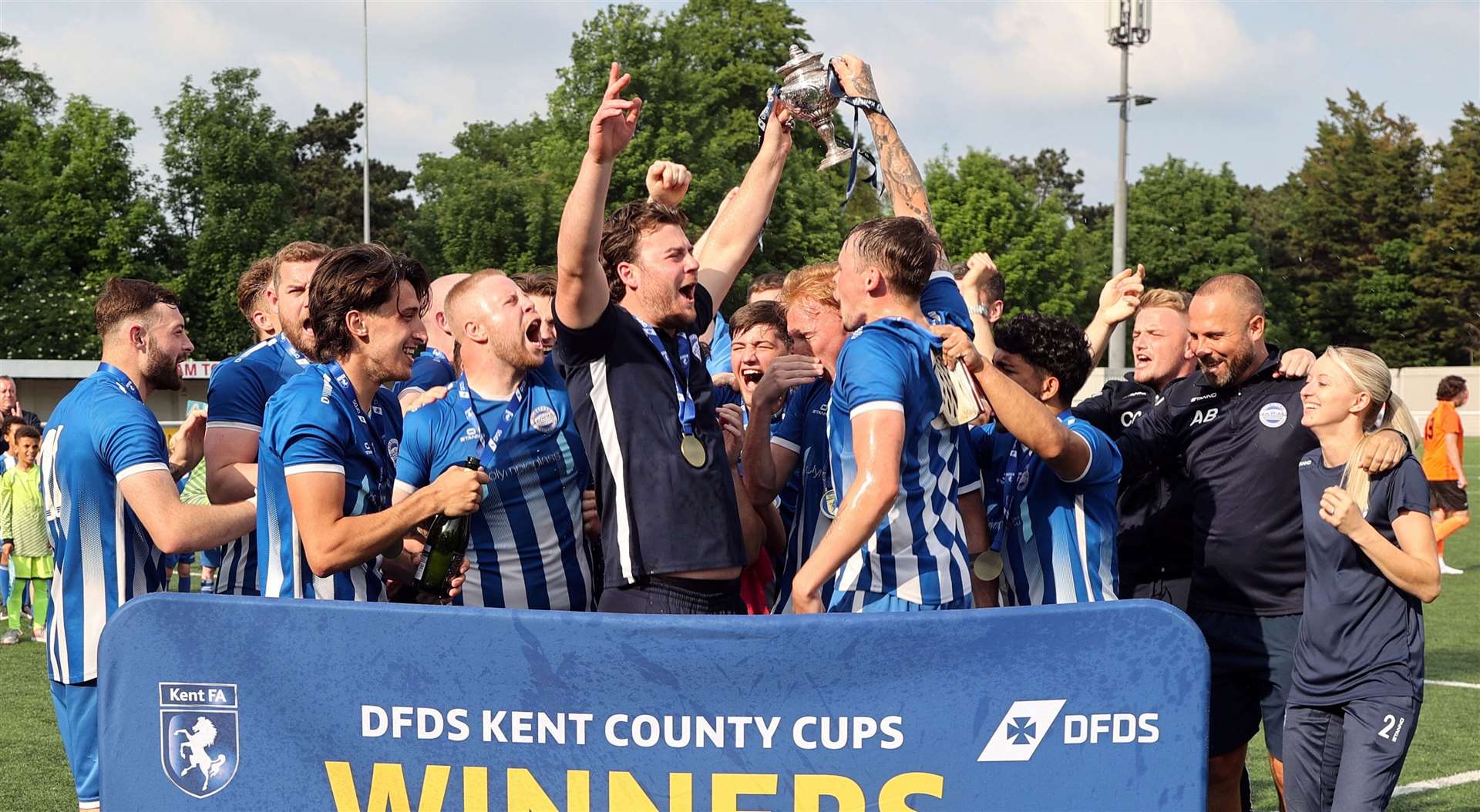 Aylesford celebrating after their 2-1 DFDS Kent FA Junior Cup A Final win at Chatham's Bauvill Stadium on Saturday. Picture: PSP Images