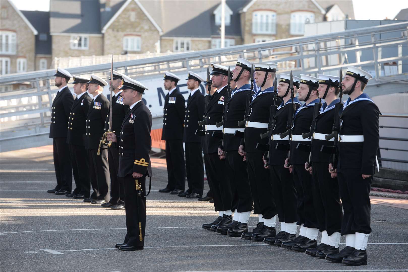 The Guard take up their position on the dockside for the HMS Medway commissioning ceremony at Chatham on September 19. Picture: Chris Davey