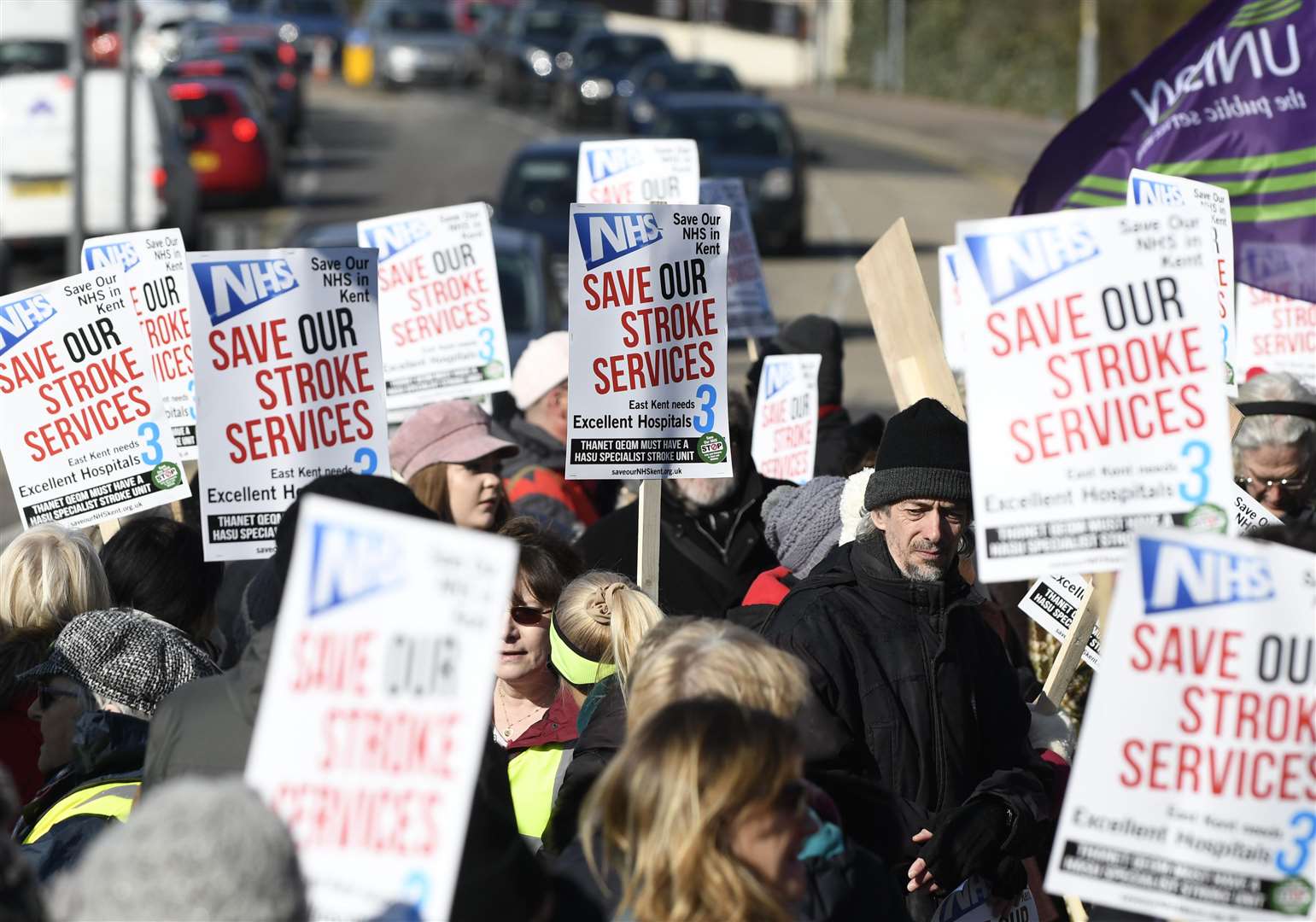 A protest to save QEQM's stroke service outside the hospital