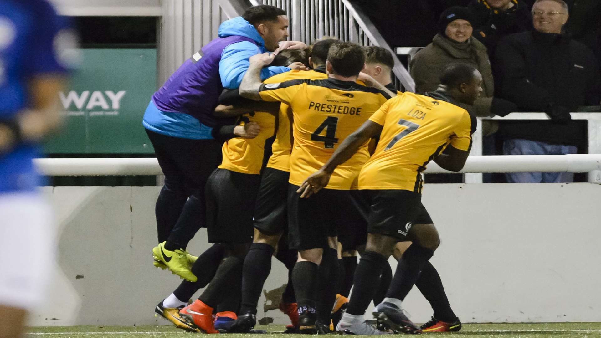 Stones mob Joe Anderson after their second leveller in the final minute earns a point Picture: Andy Payton