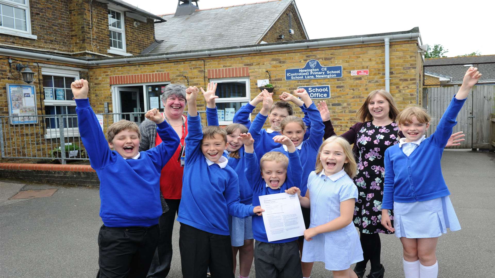 Youngsters at Newington Primary School celebrating their Oftsed report