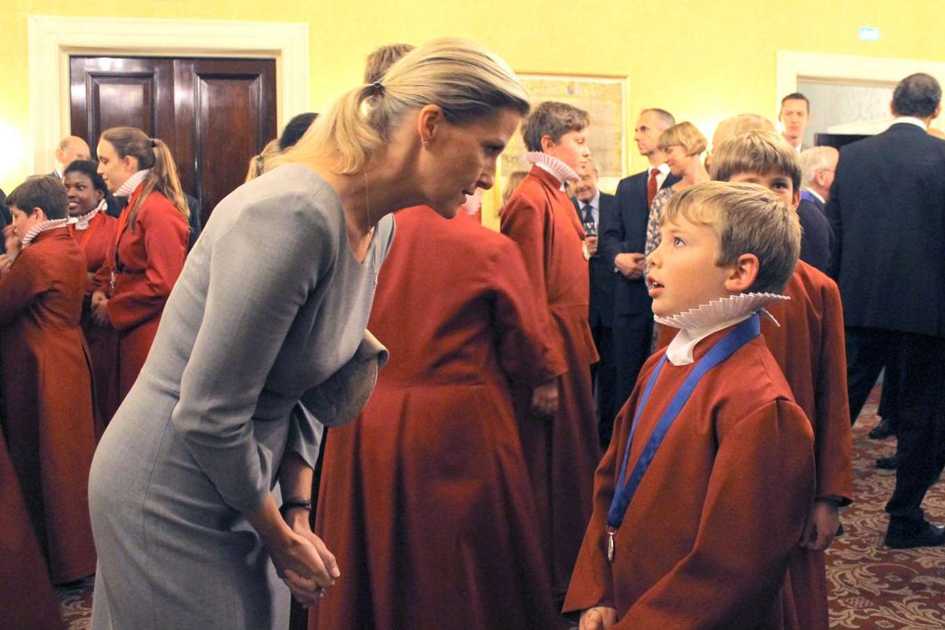 The Countess of Wessex chats to a Rochester Cathedral chorister at an event in London to boost the cathedral's music endowment fund. Picture: Lynne Bax/Rochester Cathedral Trust.