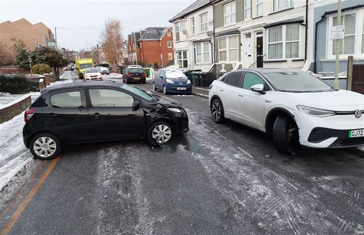 A Peugeot and a Volkswagen were in collision in Hardinge Road, Ashford, during icy weather in December