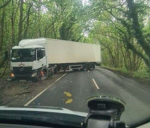 This crashed lorry is blocking both directions of the A251 Faversham Road