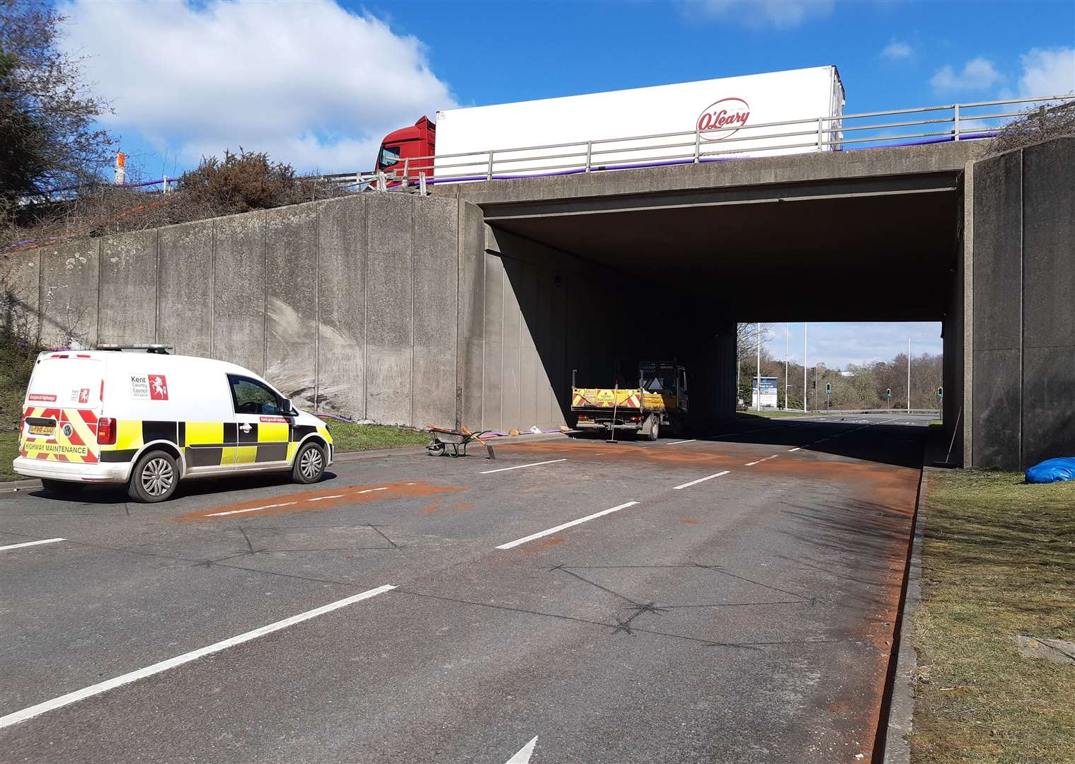 Highways contractors cleared the road underneath the M20 following the crash last Friday