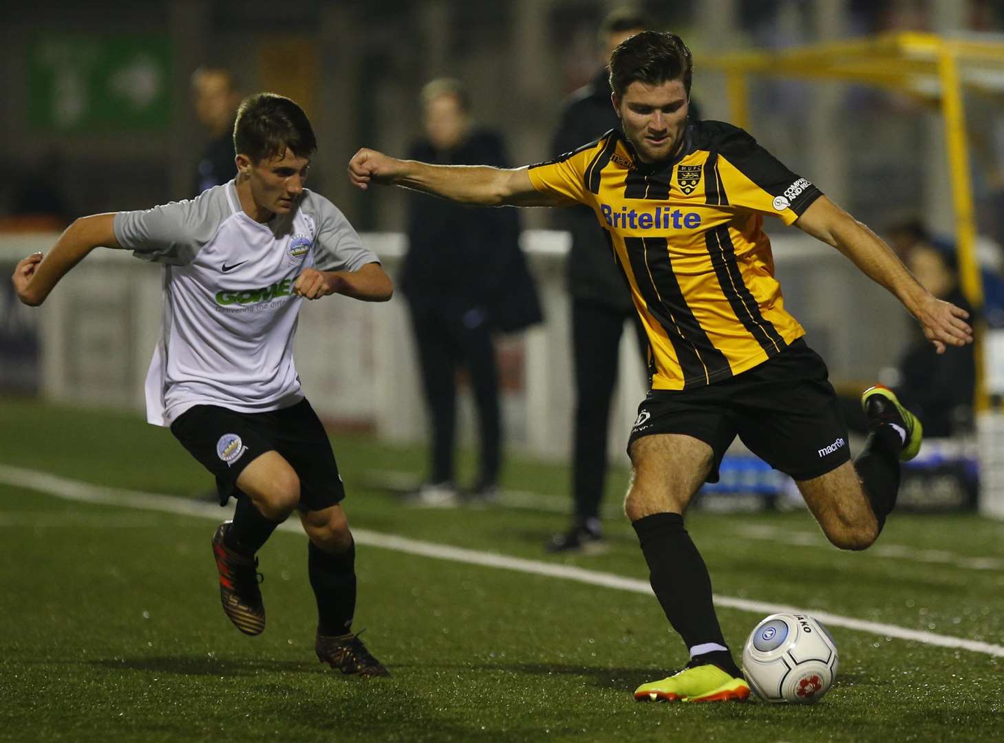Dover's James Belcher closes down Maidstone's Ollie Muldoon Picture: Andy Jones