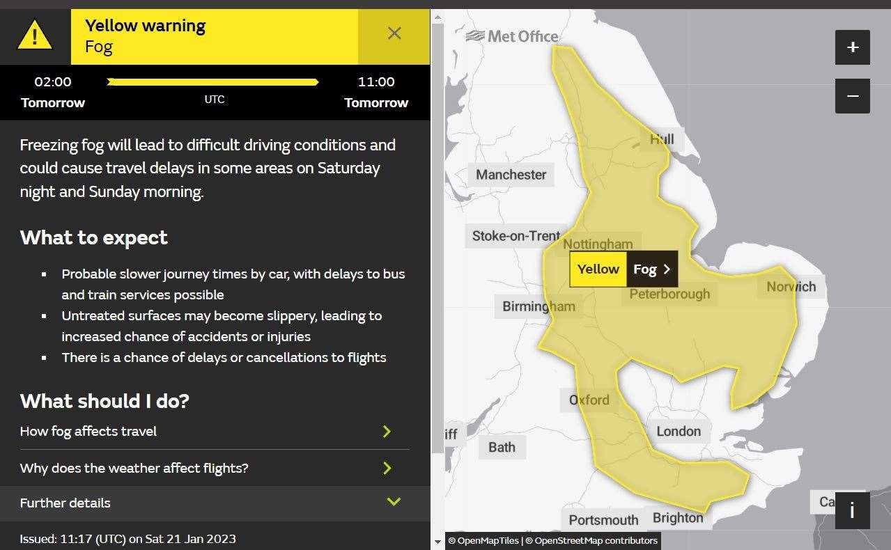 The fog warning covers a large part of the country