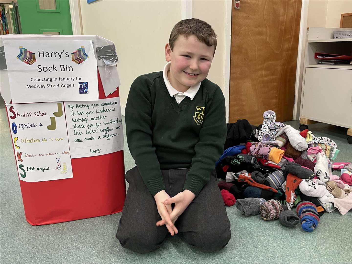 Harry, nine, set up a sock collection at his school. Picture: Shorne Church of England Primary School