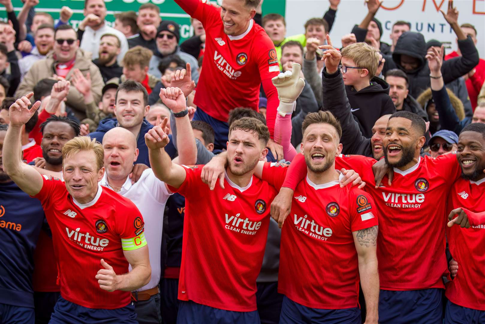Ebbsfleet celebrate survival at Boreham Wood on the final day of the National League season. Picture: Ed Miller/EUFC