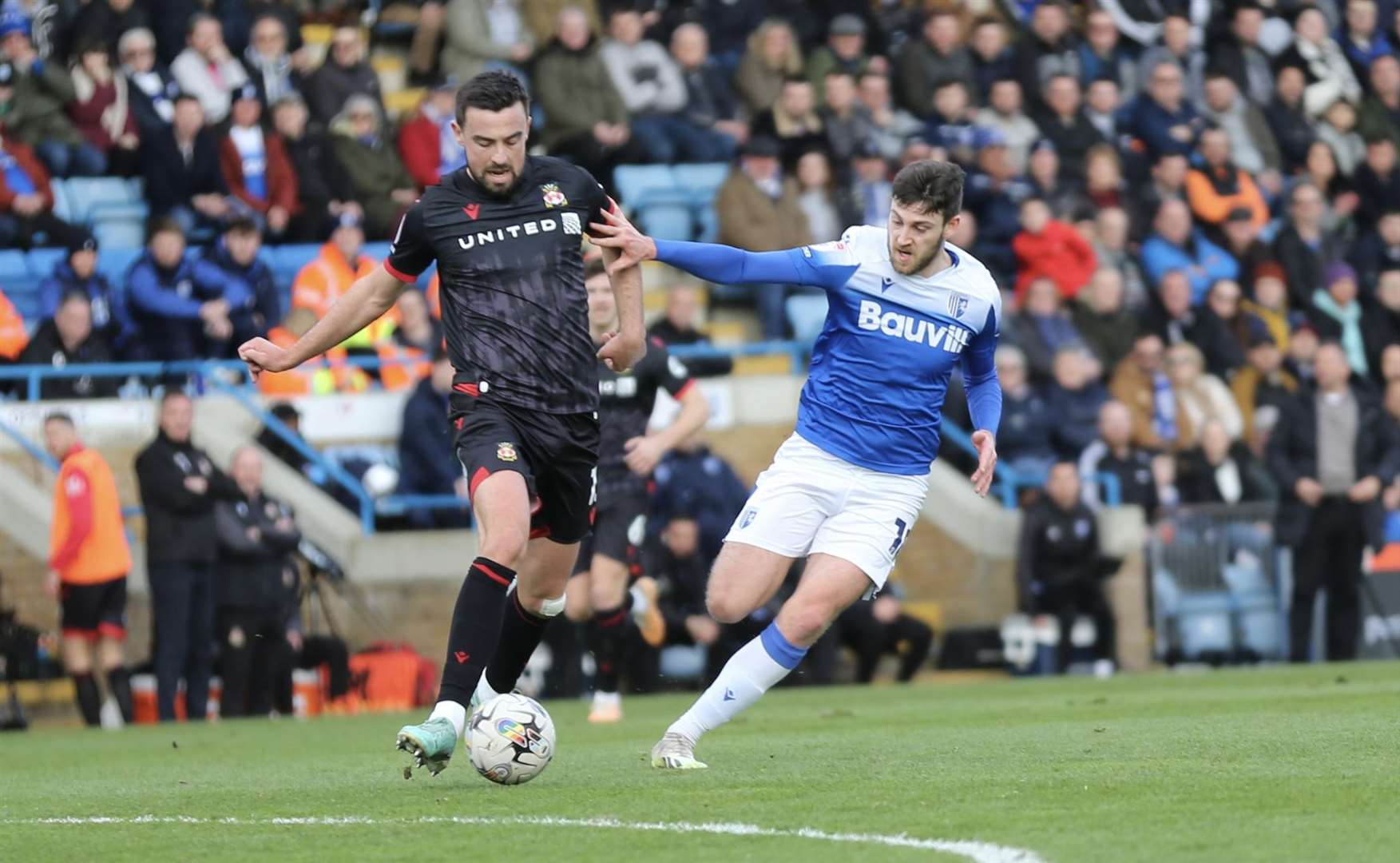Ashley Nadesan challenges for the ball in the first half as Gillingham play Wrexham Picture: @Julian_KPI