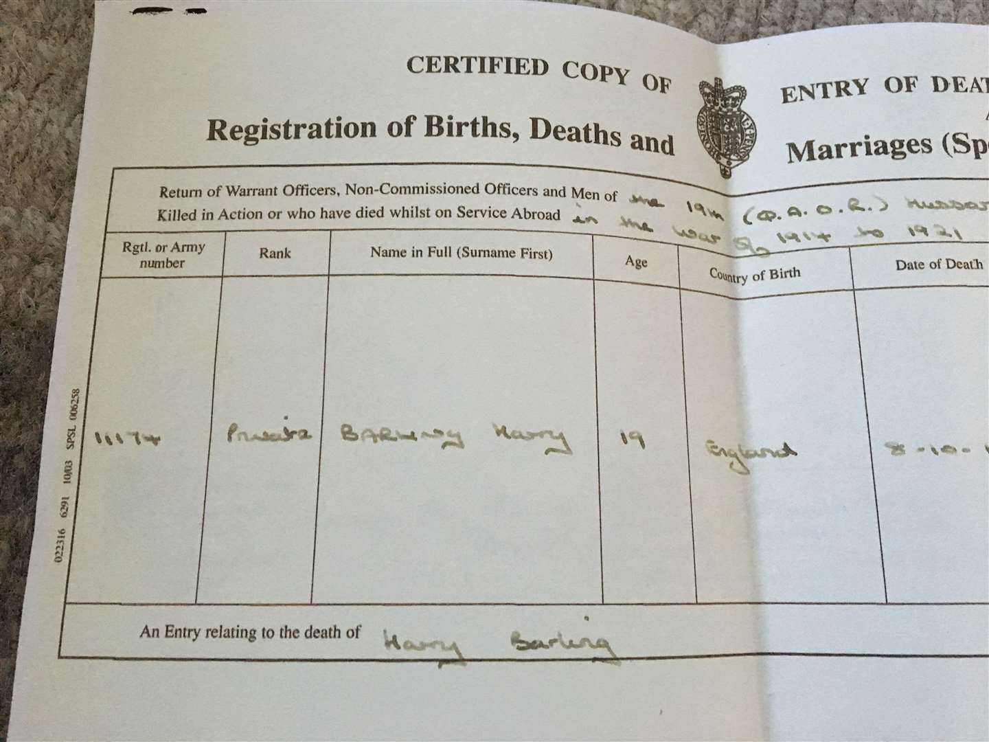 Harry Barling's death certificate