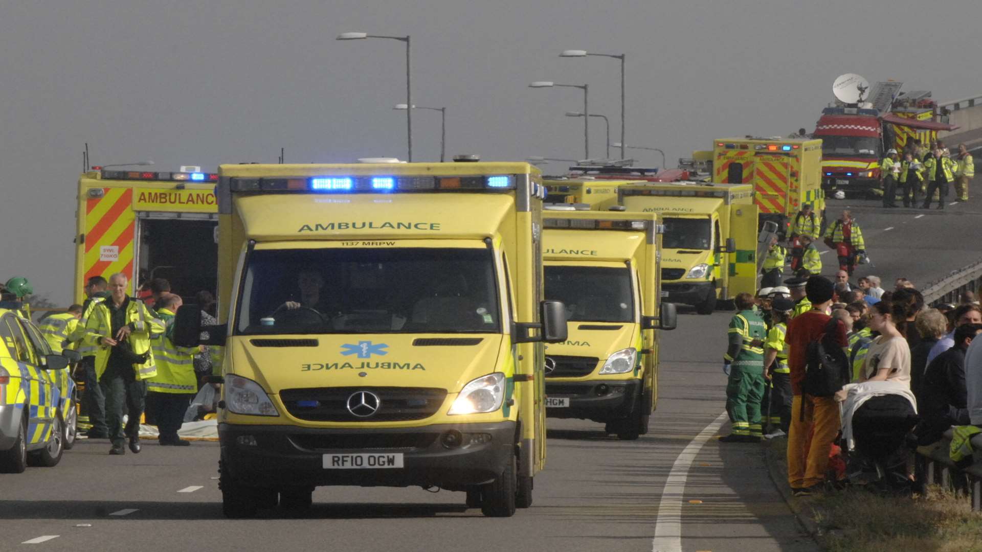 Ambulances leave the scene following the Sheppey Crossing crash. Picture: Chris Davey