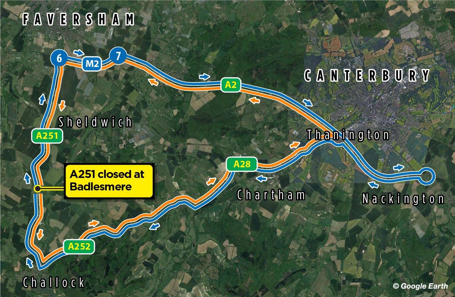 The diversions to be implemented for the A251 closure from Monday