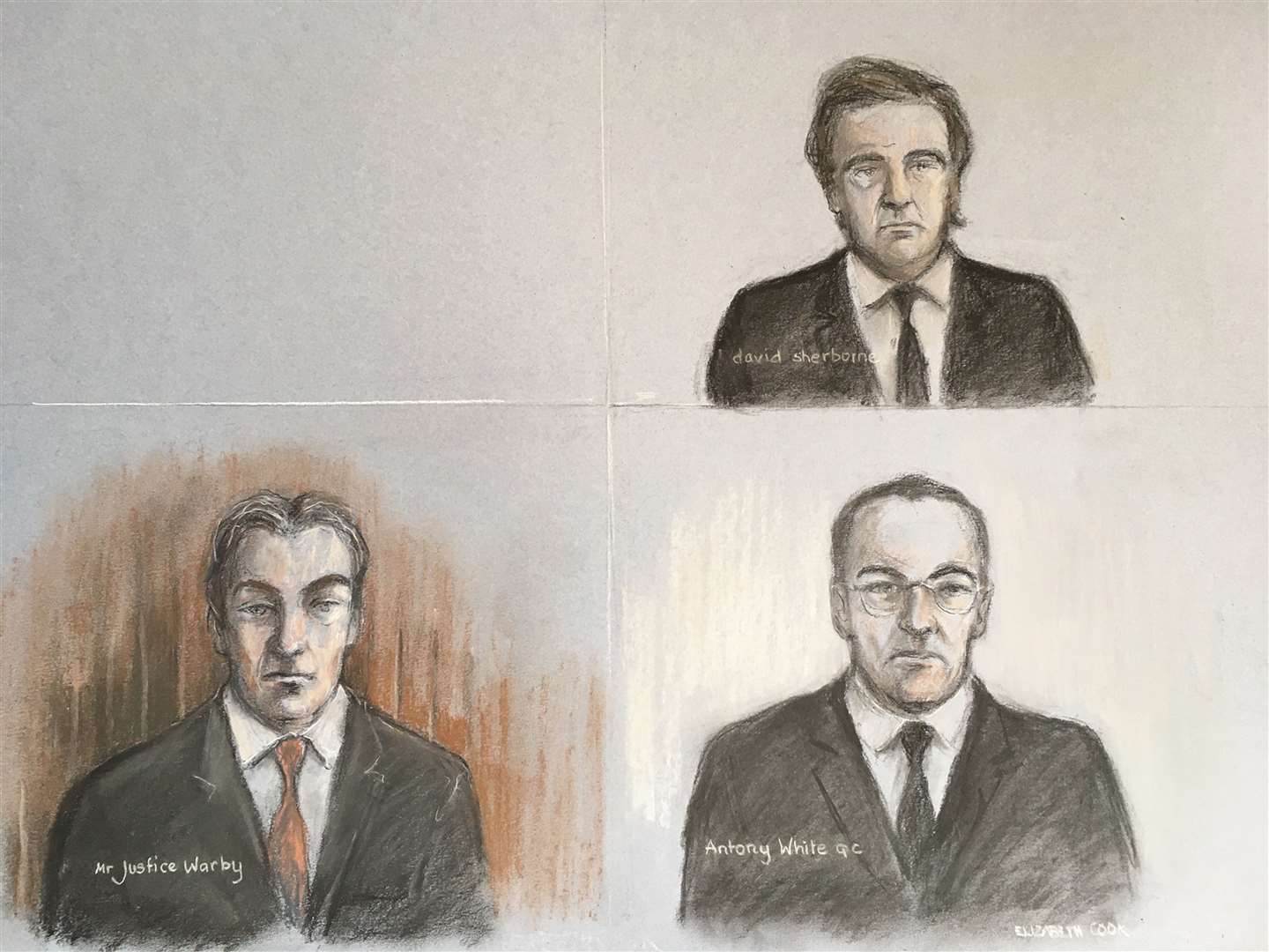 Mr Justice Warby (bottom left) Antony White QC, for Associated Newspapers (bottom right) and David Sherborne the lawyer representing the Duchess of Sussex (Elizabeth Cook/PA)