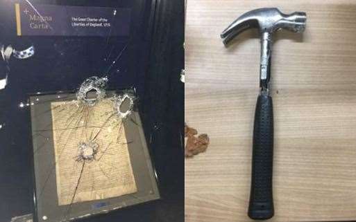 The smashed cabinet and the hammer used
