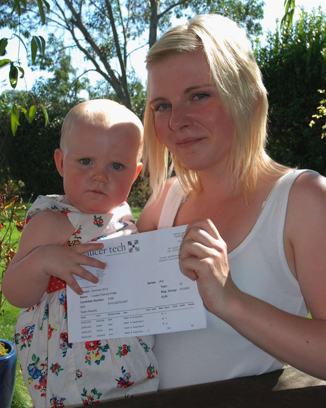 Louise celebrating her AS level exam results with baby daughter Ella in 2012