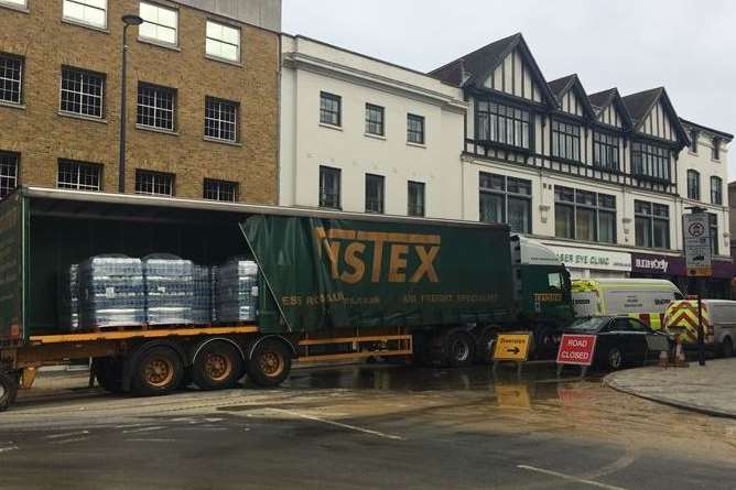 A lorry delivering pallets of bottled water pulled up at the bottom of Mill Street, Maidstone.