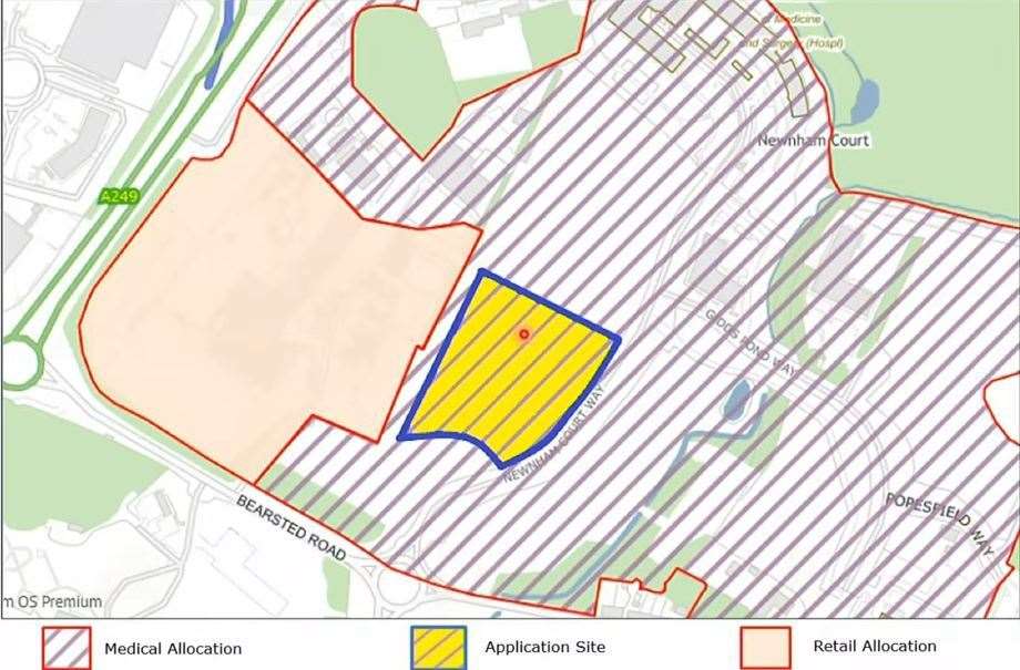 A map showing how the (yellow) Aldi site falls within the (hatched) land allocated for medical uses