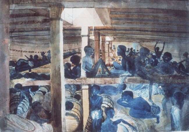 A pencil and watercolor by Lt. Francis Meynell shows slaves liberated by the British Navy on Brazilian slave ship The Albanez