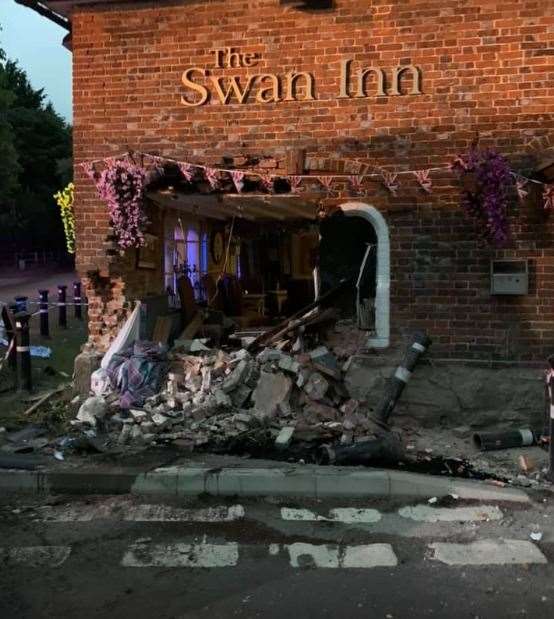 The damage left at the Swan Inn in Ashford after 17-year-old Peek drove his grandad's vehicle into it